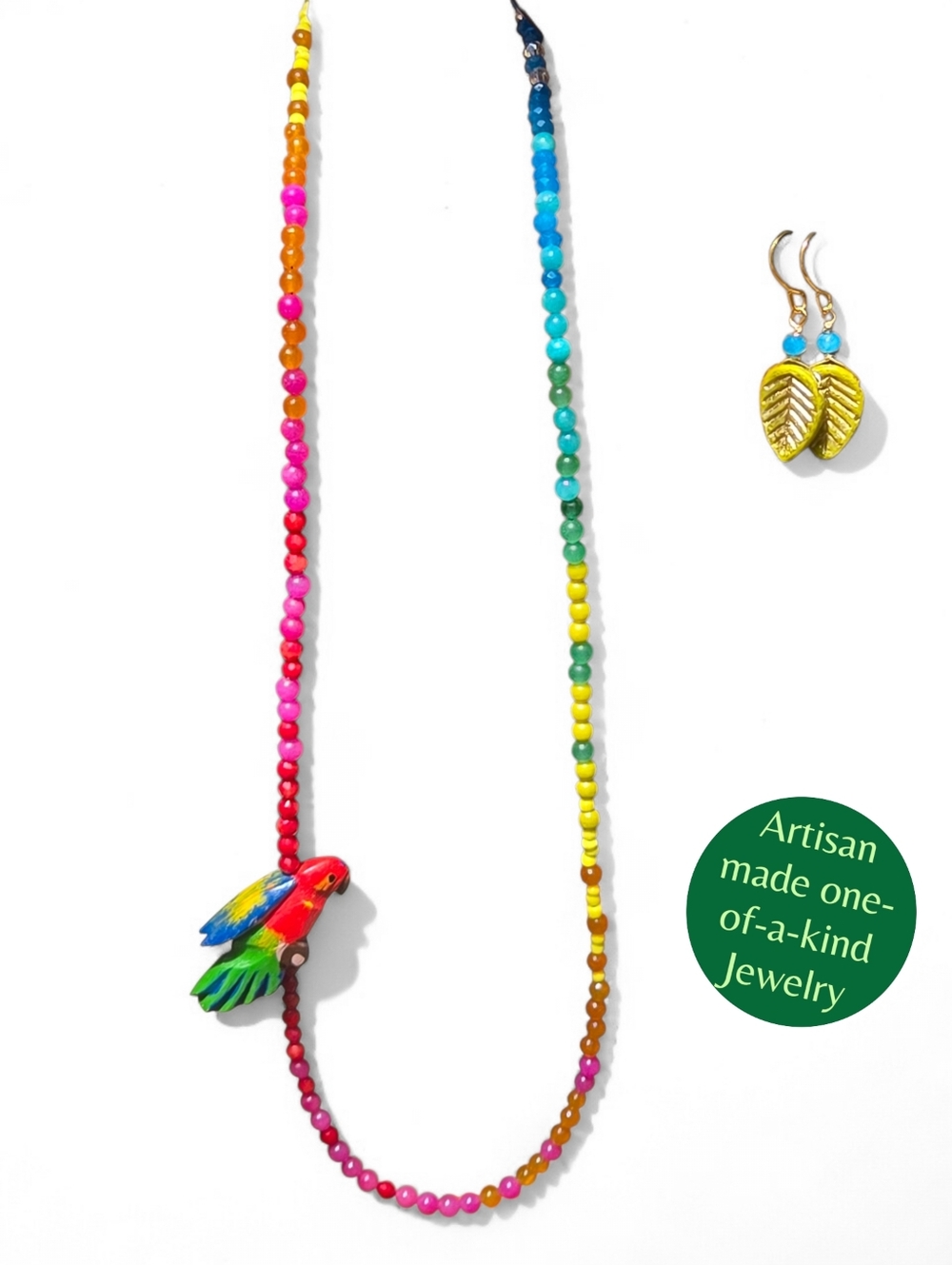 Bright Coastal Colorful Parrot Beaded Necklace and Leaf Earrings Multi Rainbow